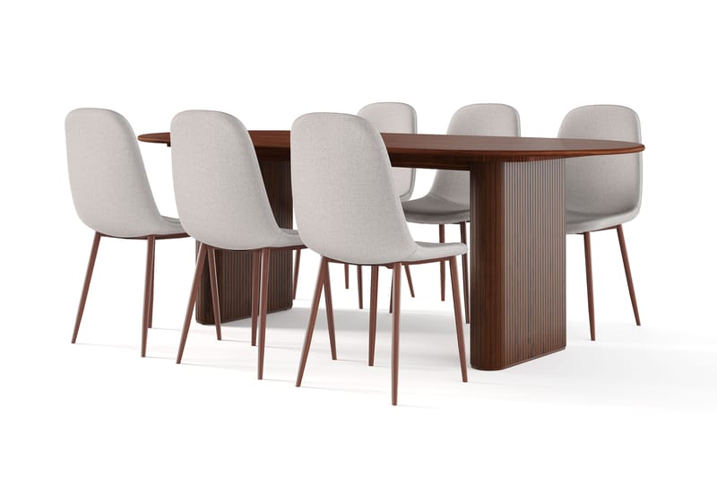 Neandir Ovalt Matbord 220 cm Valnöt +  6 st Naira stol beige med valnöt ben, Brun/Beige