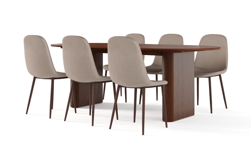 Neandir Ovalt Matbord 220 cm Valnöt +  6 st Naira stol brun med valnöt ben, Brun