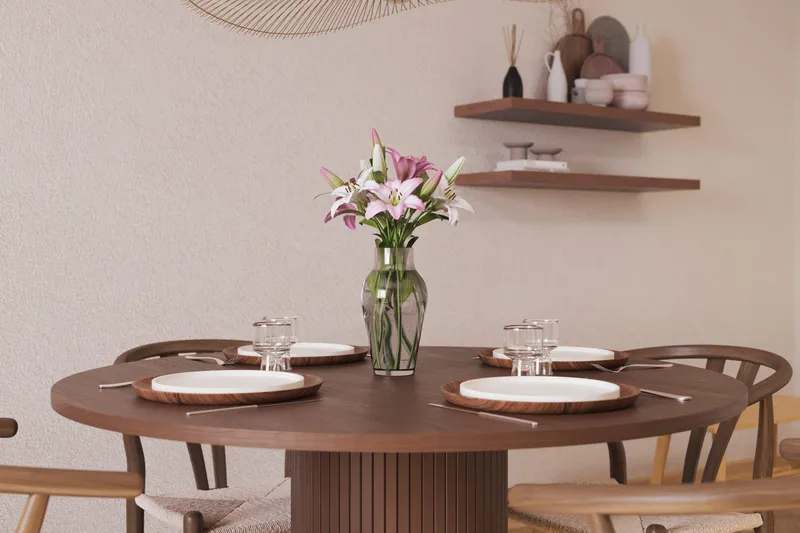 Noira Matgrupp 120 cm Massiv Valnöt Rund med 4 Dastoori Matstol - 2220070-4,2098428-1 - Brun / Beige / Valnöt - Möbler - Bord & matgrupp - Matgrupp