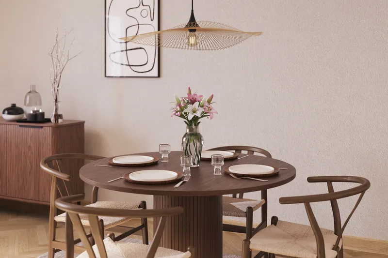 Noira Matgrupp 120 cm Massiv Valnöt Rund med 4 Dastoori Matstol - 2220070-4,2098428-1 - Brun / Beige / Valnöt - Möbler - Bord & matgrupp - Matgrupp