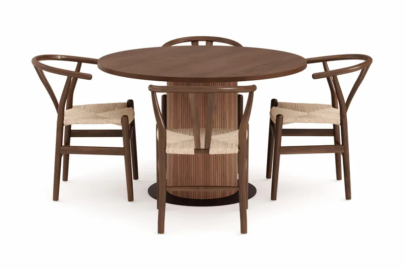 Noira Matgrupp 120 cm Massiv Valnöt Rund med 4 Dastoori Matstol - 2220070-4,2098428-1 - Brun / Beige / Valnöt - Möbler - Bord & matgrupp - Matgrupp