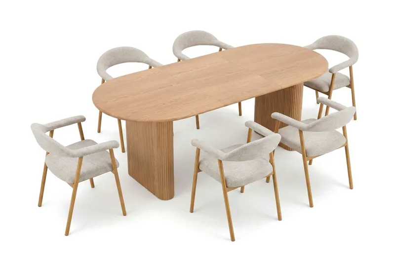 Noira Matgrupp 160-220 cm förlängningsbart i Ek med 6 Ronja Matstolar - Sand/Ek - Möbler - Bord & matgrupp - Matgrupp