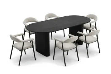 Noira Matgrupp 160-220 cm förlängningsbart i Svart med 6 Ronja Matstolar - Beige/Svart - Möbler - Bord & matgrupp - Matgrupp