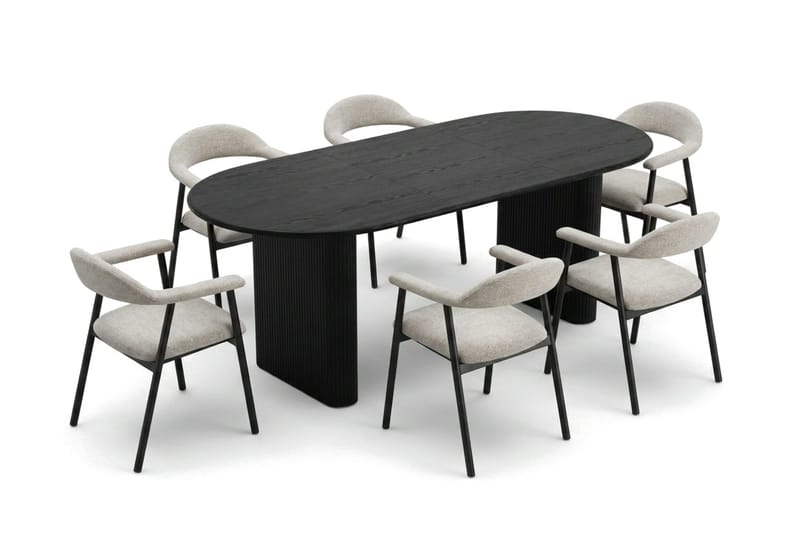 Noira Matgrupp 160-220 cm förlängningsbart i Svart med 6 Ronja Matstolar - Beige/Svart - Möbler - Bord & matgrupp - Matgrupp