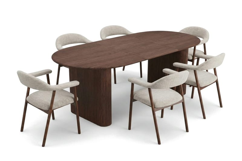 Noira Matgrupp 160-220 cm förlängningsbart i Valnöt med 6 Ronja Matstolar - Sand/Valnöt - Möbler - Bord & matgrupp - Matgrupp