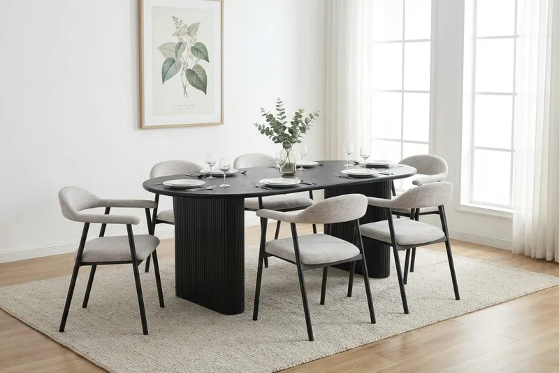 Noira Matgrupp 180 cm rektangulärt i Svart med 6 Ronja Matstolar - Beige/Svart - Möbler - Bord & matgrupp - Matgrupp