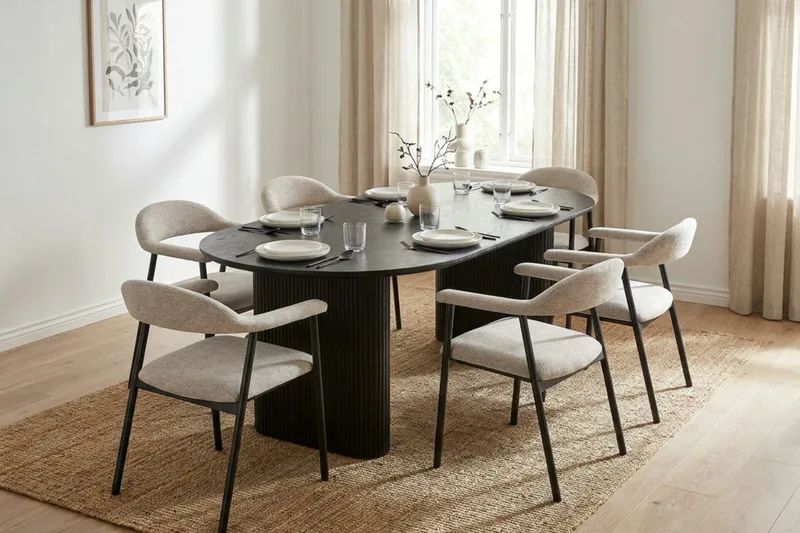 Noira Matgrupp 220-320 cm förlängningsbart i Svart med 6 Ronja Matstolar - Beige/Svart - Möbler - Bord & matgrupp - Matgrupp