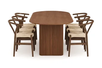 Noira Matgrupp 220 cm Massiv Valnöt med 6 Dastoori Matstolar - Ribbad / Natur / Mörkbrun / Brunt Trä - Möbler - Bord & matgrupp - Matgrupp