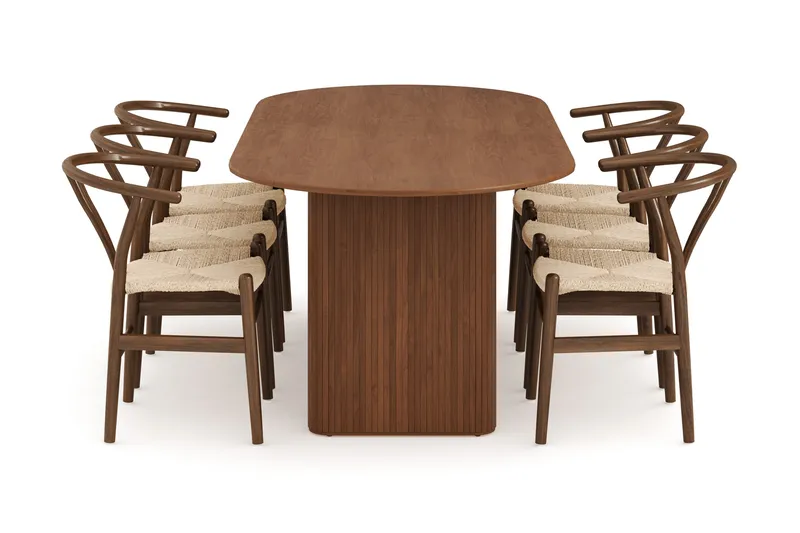 Noira Matgrupp 220 cm Massiv Valnöt med 6 Dastoori Matstolar - Ribbad / Natur / Mörkbrun / Brunt Trä - Möbler - Bord & matgrupp - Matgrupp