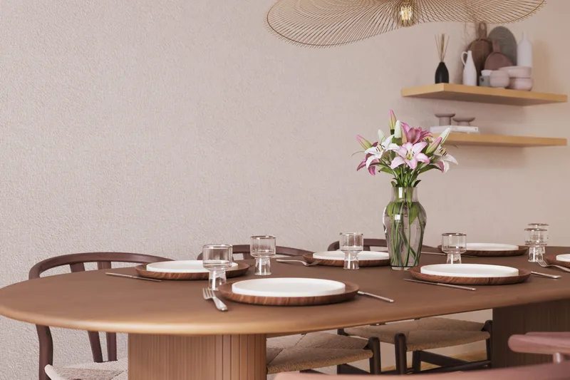 Noira Matgrupp 220 cm Massiv Valnöt med 6 Dastoori Matstolar - Ribbad / Natur / Mörkbrun / Brunt Trä - Möbler - Bord & matgrupp - Matgrupp