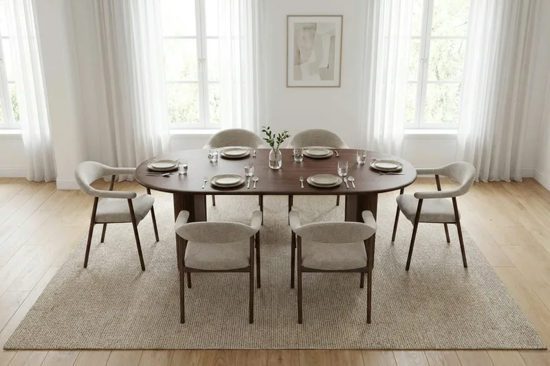 Noira Matgrupp 220 cm rektangulärt i Valnöt med 6 Ronja Matstolar - Sand/Valnöt - Möbler - Bord & matgrupp - Matgrupp