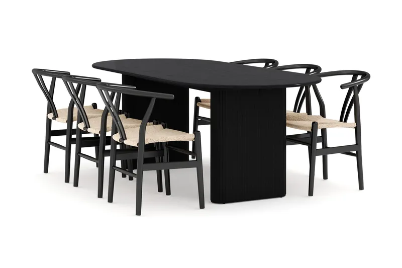 Noira Oval matgrupp 220 cm i trä med 6 stolar, svart