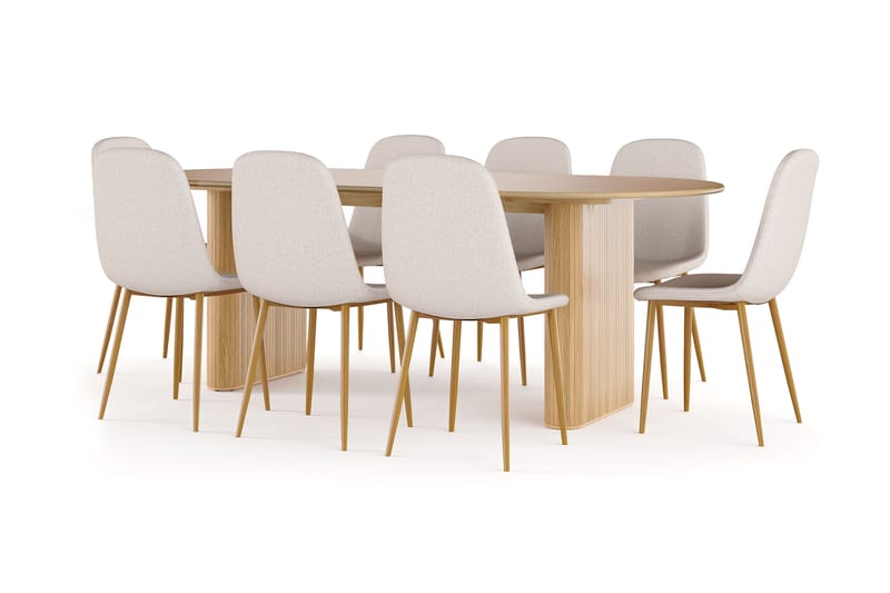Noira Ovalt Matbord 220 cm EK +  8 st Nibe stol beige med ek ben, Natur/Beige