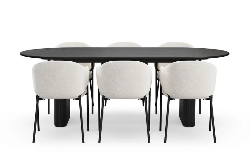 Noira Ovalt Matbord 220 cm med 6 Filip Matstolar - Svart / Vit Bouclé - Möbler - Bord & matgrupp - Matgrupp