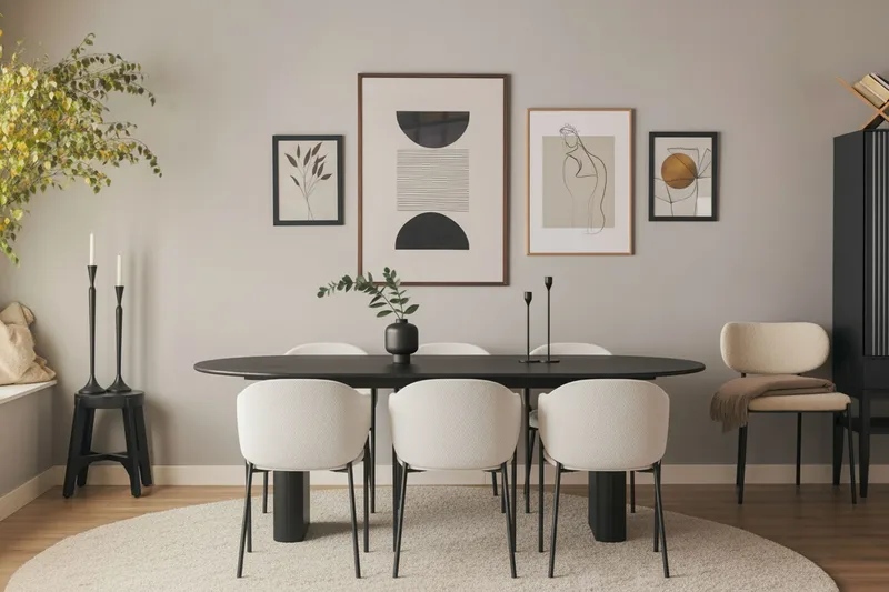 Noira Ovalt Matbord 220 cm med 6 Filip Matstolar - Svart / Vit Bouclé - Möbler - Bord & matgrupp - Matgrupp