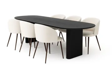 Noira Ovalt Matbord 220 cm med 6 Greya Matstolar med armstöd - Svart / Vit Bouclé / Metallben Valnöt - Möbler - Bord & matgrupp - Matgrupp