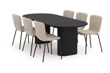 Noira Ovalt Matbord 220 cm med 6 Katy Matstolar - Svart / Greige Bouclé / Metallben Svart - Möbler - Bord & matgrupp - Matgrupp