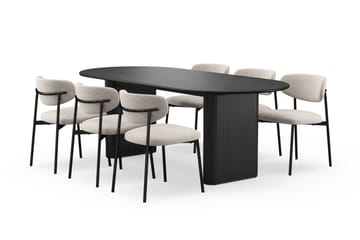 Noira Ovalt Matbord 220 cm med 6 Lucy Matstolar - Svart / Greige Bouclé / Metallben Svart - Möbler - Bord & matgrupp - Matgrupp