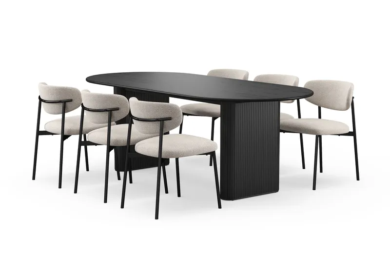 Noira Ovalt Matbord 220 cm med 6 Lucy Matstolar - Svart / Greige Bouclé / Metallben Svart - Möbler - Bord & matgrupp - Matgrupp