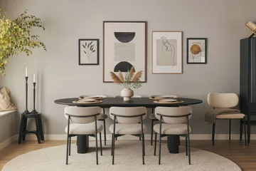 Noira Ovalt Matbord 220 cm med 6 Lucy Matstolar - Svart / Greige Bouclé / Metallben Svart - Möbler - Bord & matgrupp - Matgrupp