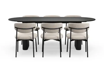 Noira Ovalt Matbord 220 cm med 6 Lucy Matstolar - Svart / Greige Bouclé / Metallben Svart - Möbler - Bord & matgrupp - Matgrupp