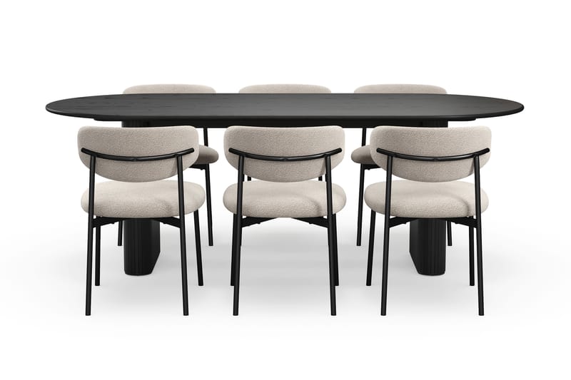 Noira Ovalt Matbord 220 cm med 6 Lucy Matstolar - Svart / Greige Bouclé / Metallben Svart - Möbler - Bord & matgrupp - Matgrupp