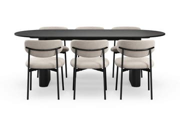 Noira Ovalt Matbord 220 cm med 6 Lucy Matstolar - Svart / Greige Bouclé / Metallben Svart - Möbler - Bord & matgrupp - Matgrupp