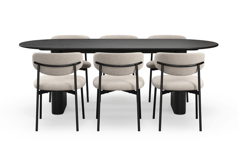 Noira Ovalt Matbord 220 cm med 6 Lucy Matstolar - Svart / Greige Bouclé / Metallben Svart - Möbler - Bord & matgrupp - Matgrupp