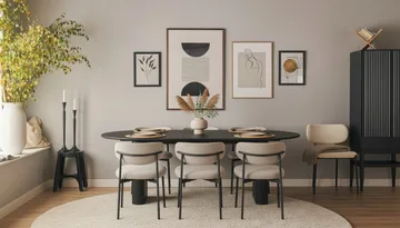 Noira Ovalt Matbord 220 cm med 6 Lucy Matstolar - Svart / Greige Bouclé / Metallben Svart - Möbler - Bord & matgrupp - Matgrupp