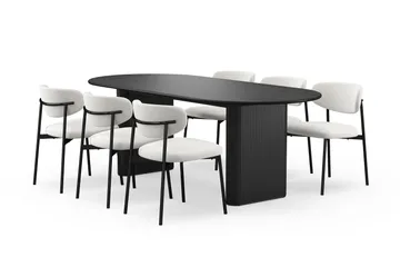 Noira Ovalt Matbord 220 cm med 6 Lucy Matstolar - Svart / Vit Bouclé / Metallben Svart - Möbler - Bord & matgrupp - Matgrupp