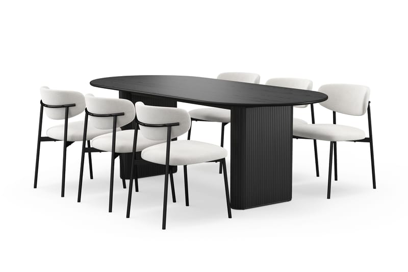 Noira Ovalt Matbord 220 cm med 6 Lucy Matstolar - Svart / Vit Bouclé / Metallben Svart - Möbler - Bord & matgrupp - Matgrupp