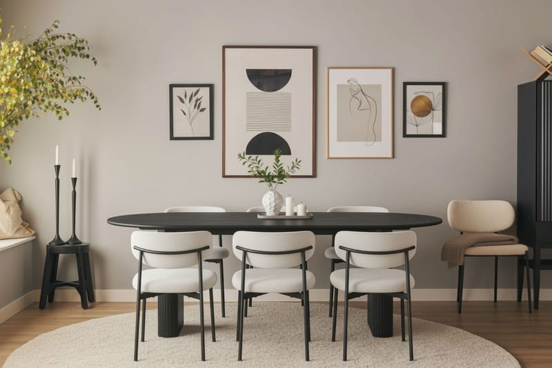 Noira Ovalt Matbord 220 cm med 6 Lucy Matstolar - Svart / Vit Bouclé / Metallben Svart - Möbler - Bord & matgrupp - Matgrupp