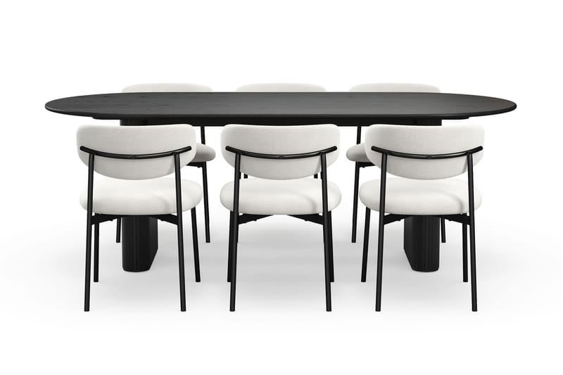 Noira Ovalt Matbord 220 cm med 6 Lucy Matstolar - Svart / Vit Bouclé / Metallben Svart - Möbler - Bord & matgrupp - Matgrupp