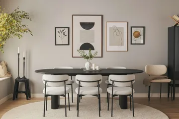 Noira Ovalt Matbord 220 cm med 6 Lucy Matstolar - Svart / Vit Bouclé / Metallben Svart - Möbler - Bord & matgrupp - Matgrupp