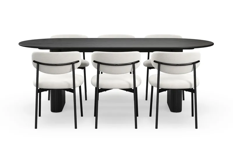 Noira Ovalt Matbord 220 cm med 6 Lucy Matstolar - Svart / Vit Bouclé / Metallben Svart - Möbler - Bord & matgrupp - Matgrupp