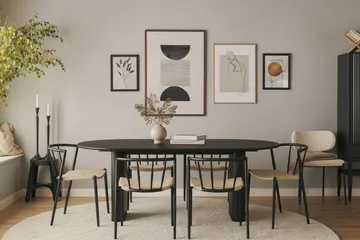 Noira Ovalt Matbord 220 cm med 6 Winston Matstolar - Svart / Beige / Metallben Svart - Möbler - Bord & matgrupp - Matgrupp