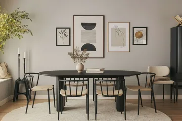 Noira Ovalt Matbord 220 cm med 6 Winston Matstolar - Svart / Beige / Metallben Svart - Möbler - Bord & matgrupp - Matgrupp