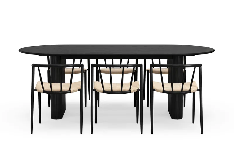 Noira Ovalt Matbord 220 cm med 6 Winston Matstolar - Svart / Beige / Metallben Svart - Möbler - Bord & matgrupp - Matgrupp