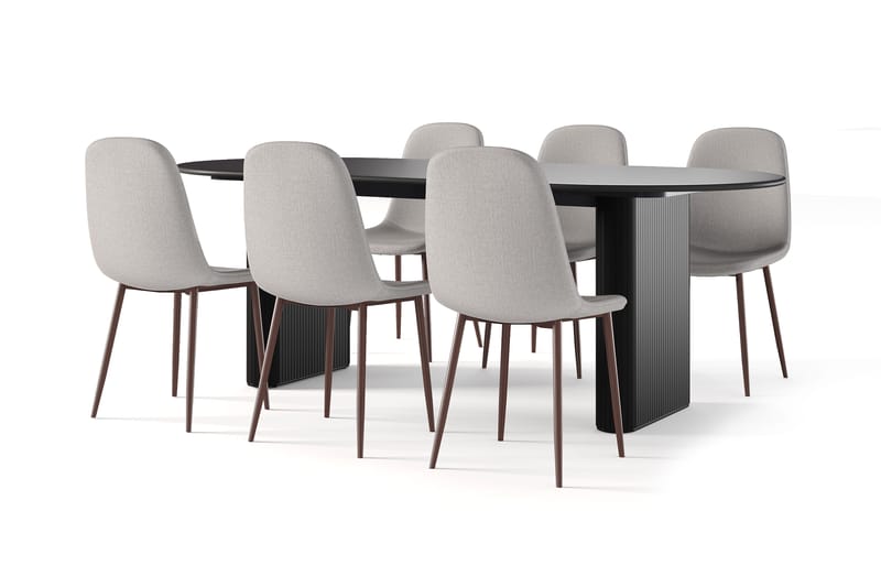 Noira Ovalt Matbord 220 cm Svart +  6 st Nibe stol beige med valnöt ben, Svart/Beige