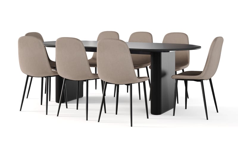 Noira Ovalt Matbord 220 cm Svart +  8 st Nibe stol brun med svarta ben, Svart/Brun