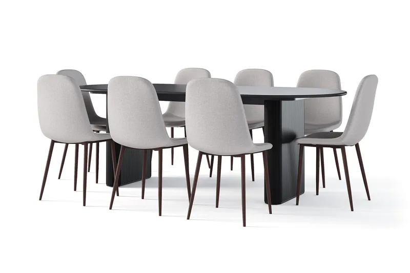 Noira Ovalt Matbord 220 cm Svart +  8 st Nibe stol grå med valnöt ben, Svart/Grå