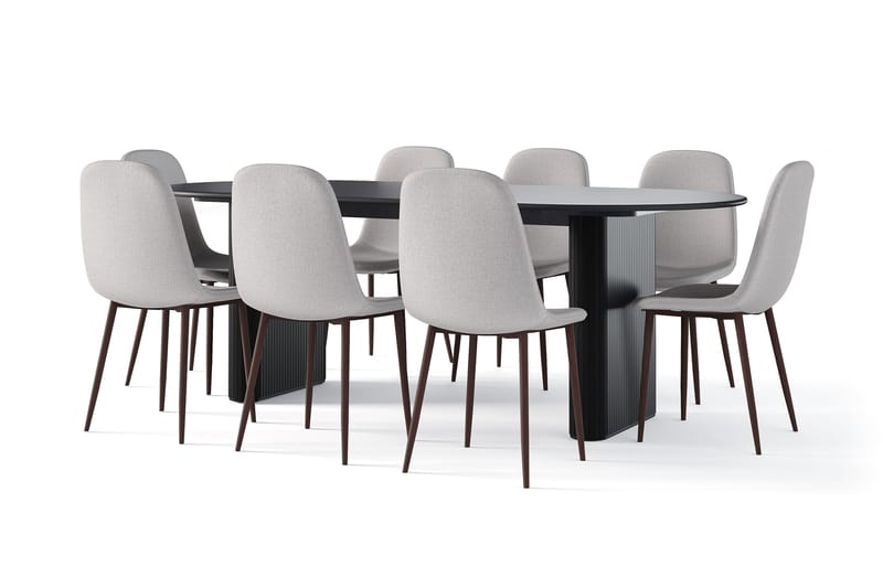 Noira Ovalt Matbord 220 cm Svart +  8 st Nibe stol grå med valnöt ben, Svart/Grå