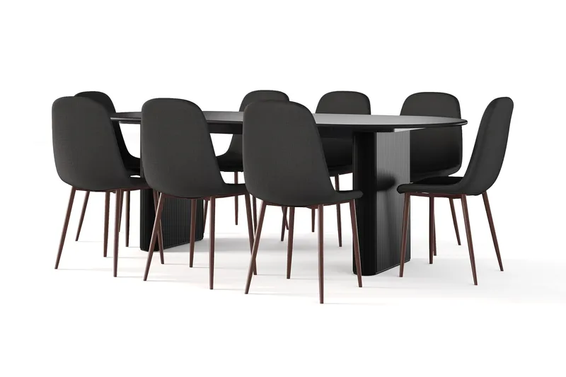 Noira Ovalt Matbord 220 cm Svart +  8 st Nibe stol svart med valnöt ben, Svart