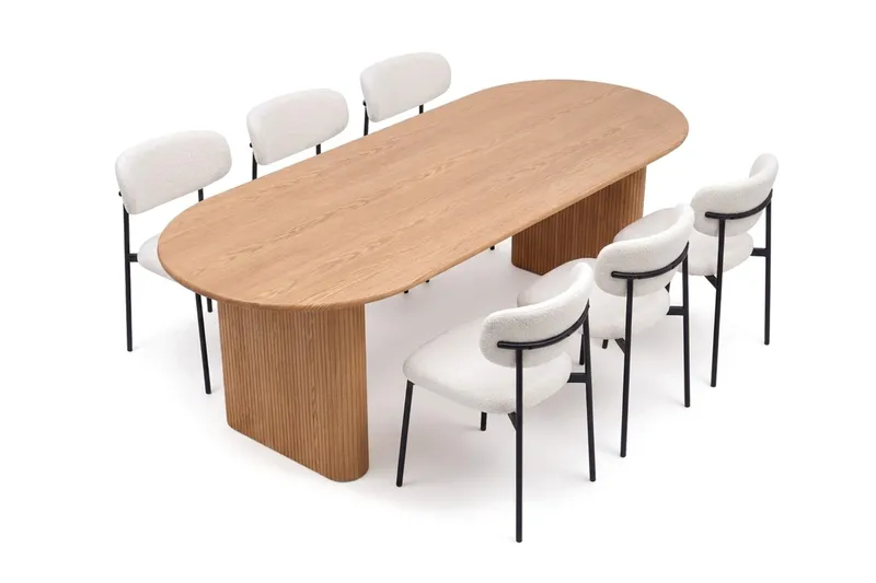 Noira Rektangulär Matgrupp 220 cm – Matbord med 6 Lucy Matstolar i Trä med Ekutseende - Natur & Vit - Möbler - Bord & matgrupp - Matgrupp