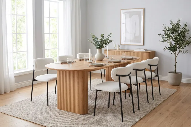Noira Rektangulär Matgrupp 220 cm – Matbord med 6 Lucy Matstolar i Trä med Ekutseende - Natur & Vit - Möbler - Bord & matgrupp - Matgrupp