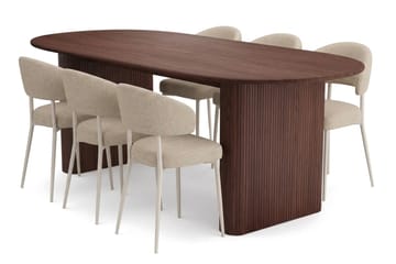 Noira Rektangulär Matgrupp 220 cm – Matbord med Valnötsutseende och 6 Klädda Sawako Matstolar - Brun|Beige - Möbler - Bord & matgrupp - Matgrupp