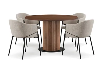 Noira Runt Litet Matbord Massiv Valnöt 120 cm med 4 Filip Matstolar - Brun / Taupe Bouclé - Möbler - Bord & matgrupp - Matgrupp