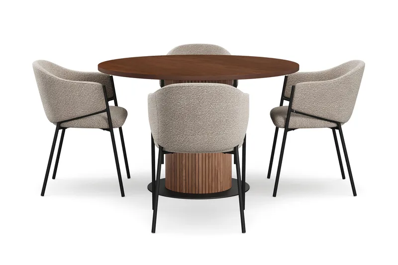 Noira Runt Litet Matbord Massiv Valnöt 120 cm med 4 Filip Matstolar - Brun / Taupe Bouclé - Möbler - Bord & matgrupp - Matgrupp