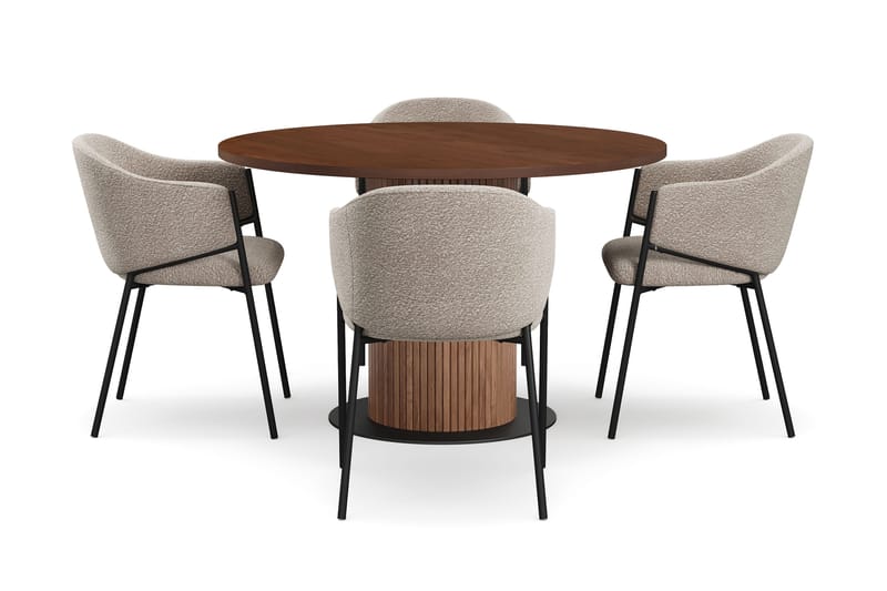 Noira Runt Litet Matbord Massiv Valnöt 120 cm med 4 Filip Matstolar - Brun / Taupe Bouclé - Möbler - Bord & matgrupp - Matgrupp