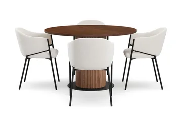 Noira Runt Litet Matbord Massiv Valnöt 120 cm med 4 Filip Matstolar - Brun / Vit Bouclé - Möbler - Bord & matgrupp - Matgrupp